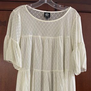 Bobeau Off-White Sheer Textured Blouse with Flutter Sleeves (Small)